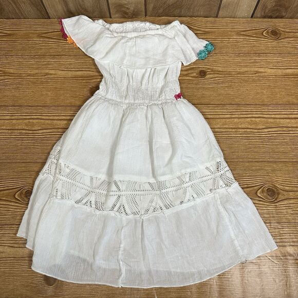 Embroidered Mexican Dress Girls White Flower Patterns 24” Length - Picture 13 of 16